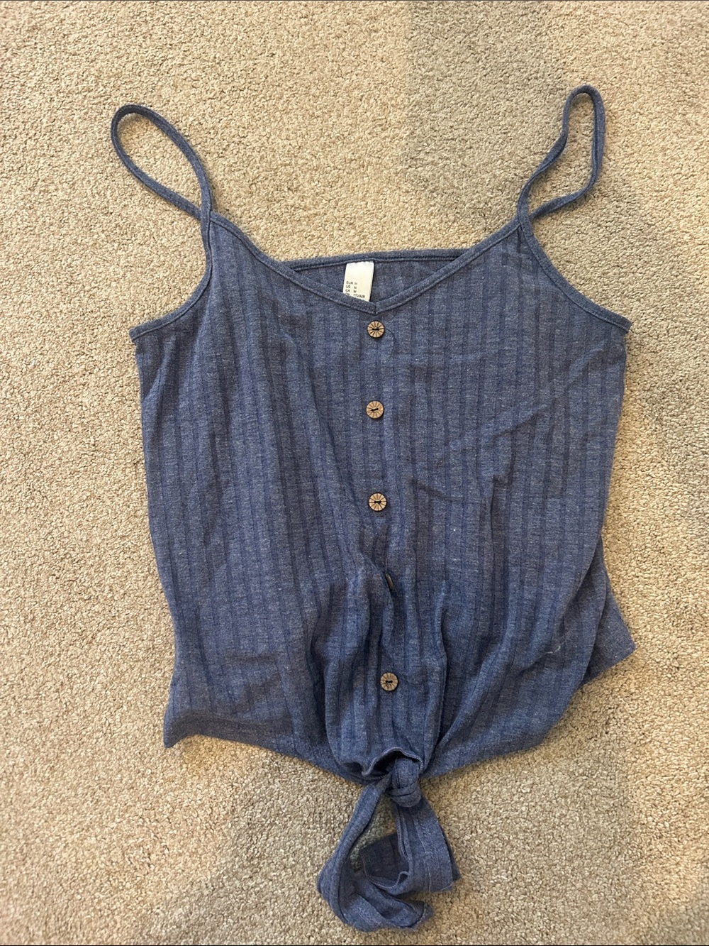 Blue Ribbed Button-Front One-Piece Romper with Tie